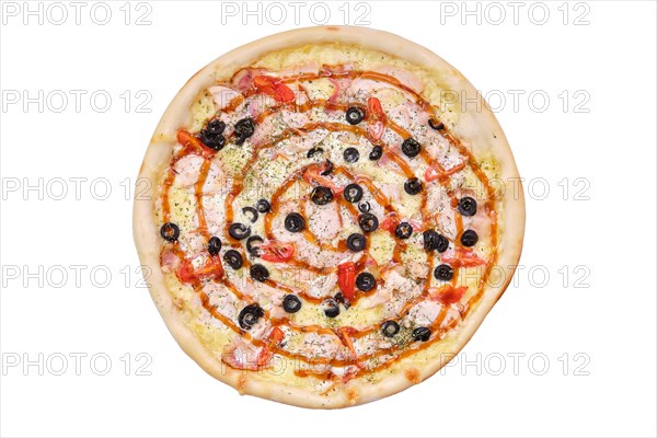 Top view of pizza with chicken meat