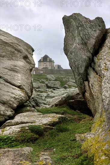 Rock formations by wind erosion at the coast in Saint-Guenole