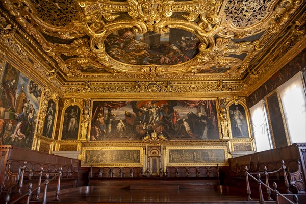 Wooden bench in the Sala del Collegio