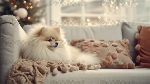 Cute Pomeranian dog on sofa in room decorated for Christmas Ai generated