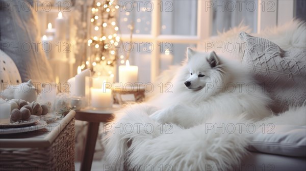 Cute Pomeranian dog on sofa in room decorated for Christmas Ai generated