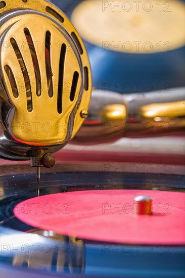 Close-up of the loudspeaker of an old gramophone