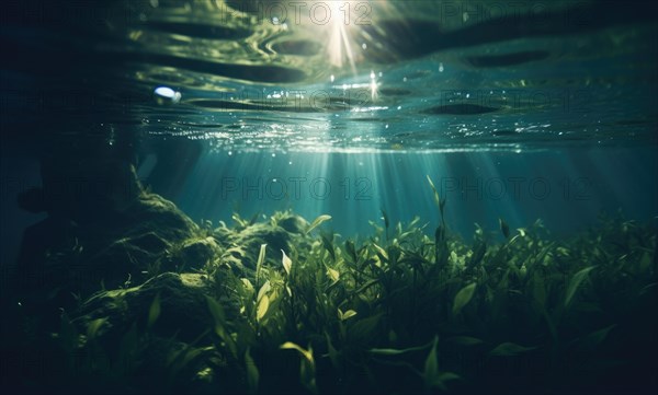 Underwater view of a tropical coral reef with fishes and rays of light