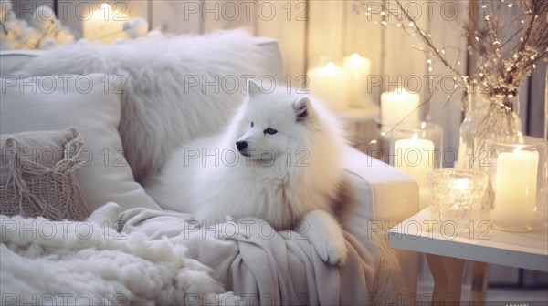 Cute Pomeranian dog on sofa in room decorated for Christmas