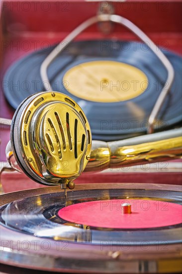 Close-up of the loudspeaker of an old gramophone