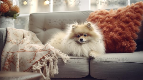 Cute Pomeranian dog on sofa in room decorated for Christmas Ai generated