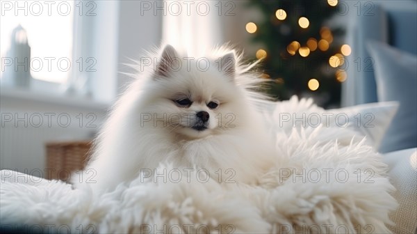 Cute Pomeranian dog on sofa in room decorated for Christmas Ai generated