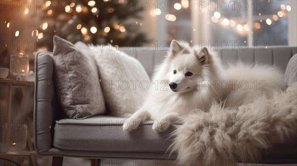 Cute Pomeranian dog on sofa in room decorated for Christmas Ai generated