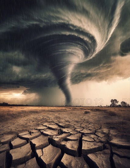 Big tornado storm above the desolate land. Dry cracked ground field and weather disasters caused by the global climate change. Environmental problem concept. AI generated art