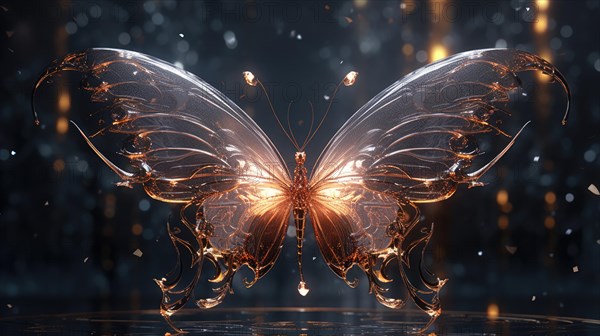 Stylized glass butterfly with glowing wings on a dark background AI generated