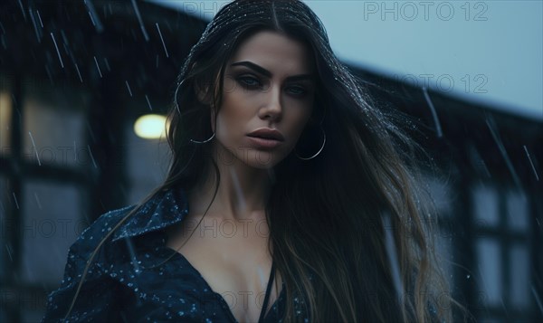 Portrait of young beautiful brunette woman. Rainy weather AI generated