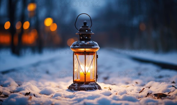Lantern on the railway at night. Beautiful winter landscape AI generated
