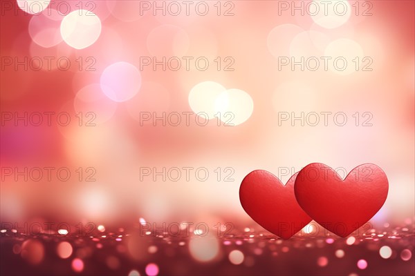 A beautiful and romantic background featuring two elegant red hearts against a soft, bokeh light effect, perfect for Valentine Day or any love-themed design, AI generated