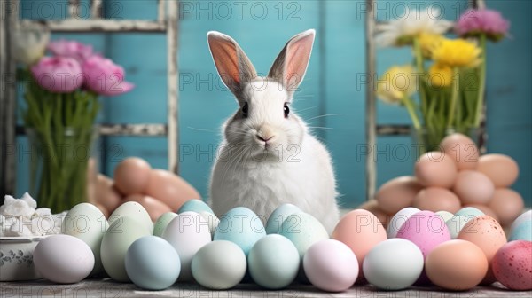 Easter bunny with eggs and tulips on a dark background AI generated