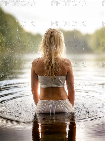Suicidal thoughts, a young depressive woman with suicidal intent stands in the water by a lake in the rain, AI generated, AI generated