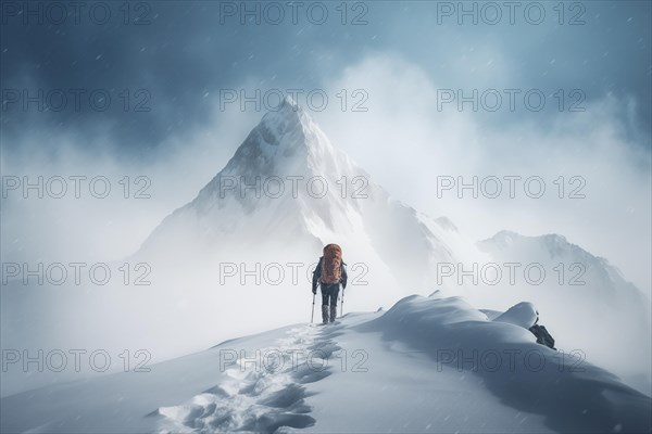 A mountaineer in mountains approaching a majestic snowy mountain peak amidst a snowfall and snow storm. Solitude and determination, adventure and challenge of climbing in extreme conditions, AI generated