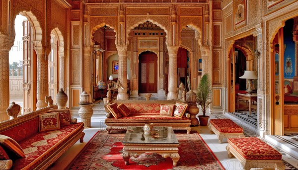 Traditional and opulent palace interior with intricate designs and warm red and gold tones, AI generated