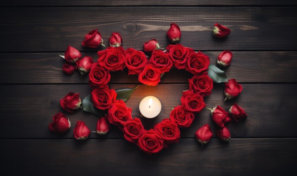 Heart-shaped arrangement of red roses with a single candle on a wooden surface AI generated