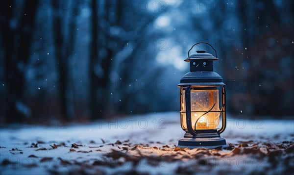 Vintage lantern in the winter forest. Christmas background with lantern in the snow. Selective focus AI generated