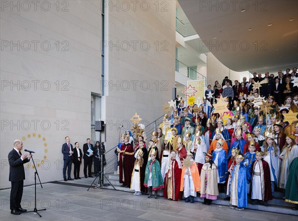 Federal Chancellor Olaf Scholz (SPD) pictured at the traditional reception for carol singers at the Federal Chancellery in Berlin, 8 January 2024