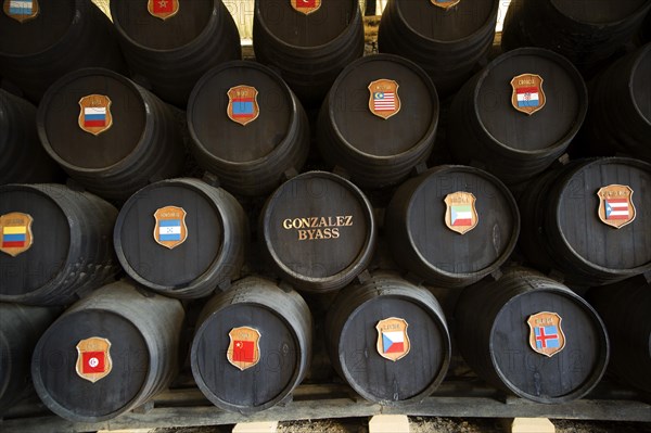 Oak barrels with national symbols of countries exported to from Gonzalez Byass bodega, Jerez de la Frontera, Spain, Europe