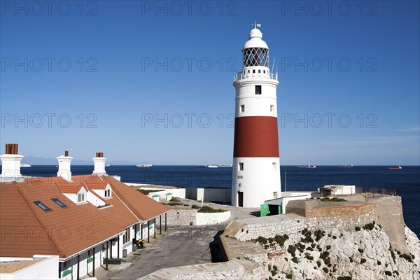 Red and white striped lighthouse at Europa Point, Gibraltar, British terroritory in southern Spain, Europe