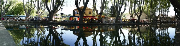 Market in Curcuron by the village pond, Luberon, Vaucluse, Provence, France, Europe