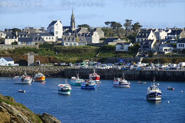 Harbour and commune of Le Conquet, seen from the Kermorvan peninsula, Finistere Pen ar Bed department, Brittany Breizh region, France, Europe