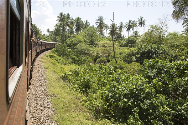 Railway train passing through countryside between Galle and Mirissa, Sri Lanka, Asia