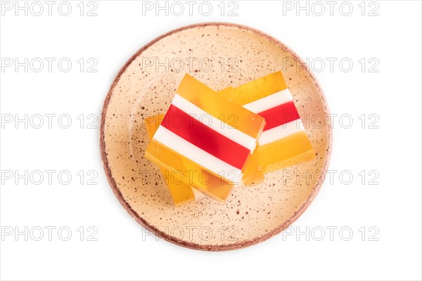 Almond milk and peach jelly isolated on white background. top view, flat lay, close up