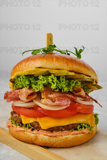 Close up view of beef burger with bacon, cheese and vegetables