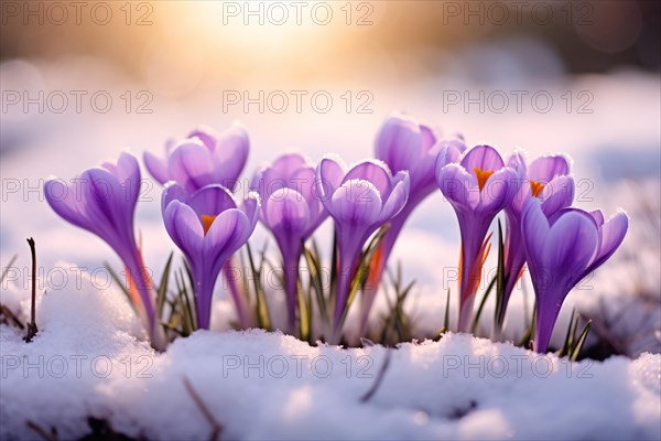 Purple Crocus spring flowers in snow. KI generiert, generiert AI ...