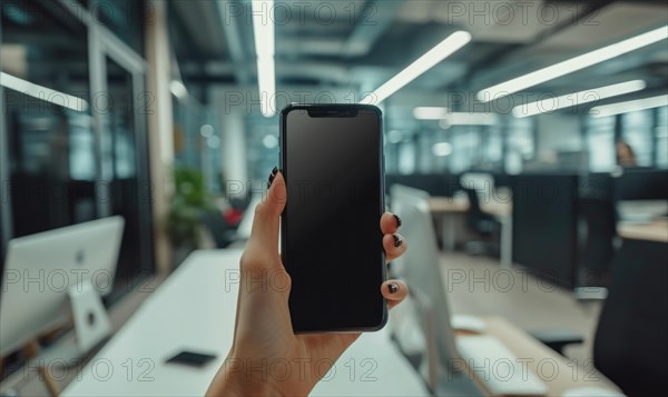 Mockup image of female hands holding black mobile phone with blank screen AI generated