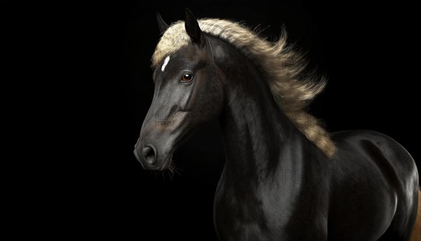 Dark horse with light golden mane, studio shot in front of black background, AI generated, AI generated