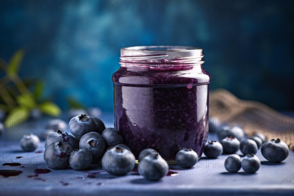 Glass jar with blueberry jam or marmelade. KI generiert, generiert AI generated