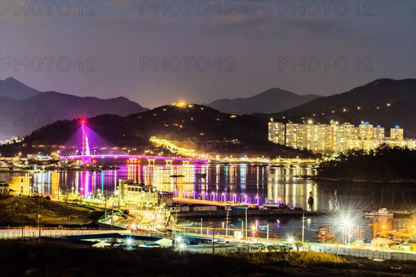 Night view of harbor in Yeosu, South Korea, Asia