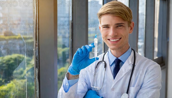 Ai generated, RF, man, men, doctor, doctors, 30, 35, years, attractive, attractive, doctor's office, holds a syringe in his hand, disposable syringe, flu shot, corona, pneumococcus, prevention, health, smiles, beautiful teeth, bearded man