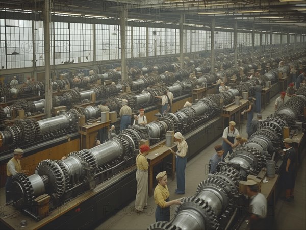 Factory work of the last century (around 1960) Workers work diligently in a machine factory, AI generated, retro, vintage