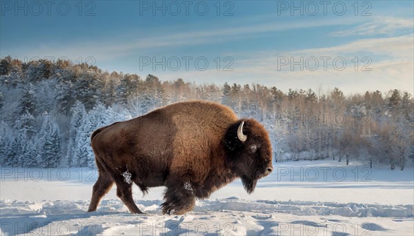 AI generated, animal, animals, mammal, mammals, biotope, habitat, one, individual animal, foraging, wildlife, bison, North America, buffalo, wild cattle, (Bison bonasus), winter, ice, snow, winter landscape