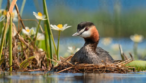 Ai generated, animal, animals, bird, birds, biotope, habitat, a, individual, swims, waters, reeds, water lilies, blue sky, foraging, wildlife, summer, seasons, great crested grebe (podiceps cristatus), breeds, nest