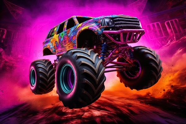 Monster truck with neon lighting, jumping off-road in cloud of dust. Excitement and thrill of an extreme sport, AI generated