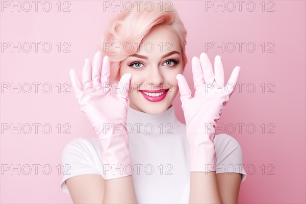 Young woman with pink cleaning gloves. KI generiert, generiert AI generated