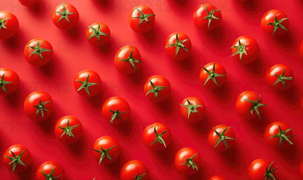 Creative pattern made of red tomatoes on a red background. Flat lay, top view AI generated