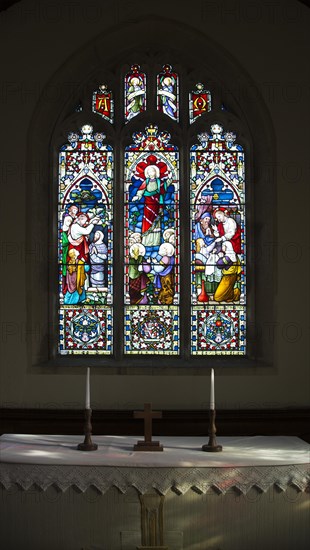 Raising of Lazarus, Ascension, Raising of daughter of Jairus depicted in stained glass window by Lavers and Barraud 1867, All Saints church, Stanton St Bernard, Wiltshire