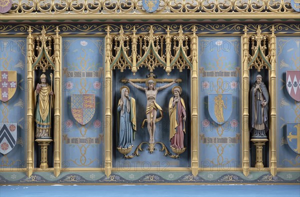 Interior of the priory church at Edington, Wiltshire, England, UK altar reredos by Randoll Blacking 1936