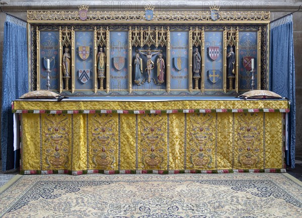 Interior of the priory church at Edington, Wiltshire, England, UK altar reredos by Randoll Blacking 1936