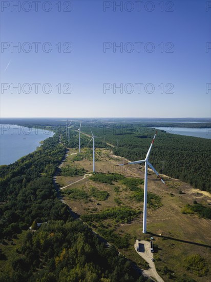 Scheibe See, wind turbines and Bernstein See, Saxony, Germany, Europe