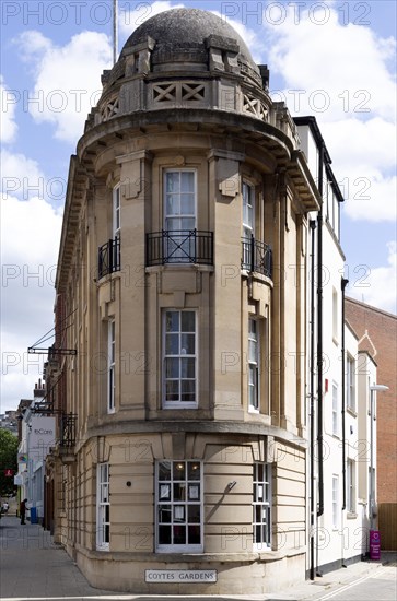 Narrow building on corner of Coytes Gardens in town centre of Ipswich, Suffolk, England, UK