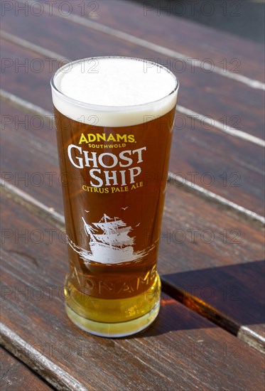 Pint of Ghost Ship citrus pale ale beer in Adnams glass, Suffolk, England, UK