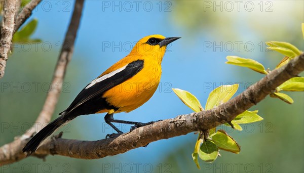 KI generated, animal, animals, bird, birds, biotope, habitat, one, individual, blue sky, foraging, wildlife, summer, seasons, eurasian golden orioles (Oriolus oriolus), oriole, tree, branch